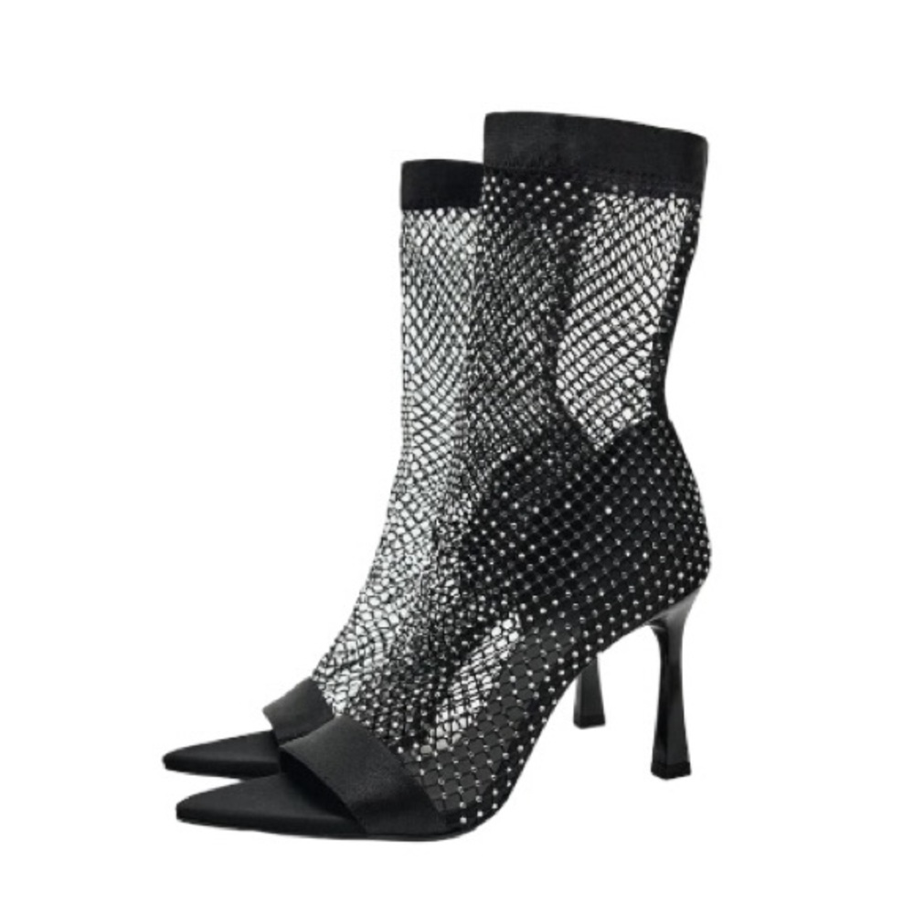 Zara Stretch Mesh Rhinestone Open Toe Stiletto Ankle Booties